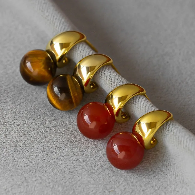 

New Arrival Autumn Winter Tiger-eye Stone Earrings Retro Elegant Temperament Versatile Simple and Exquisite Red Agate Earrings