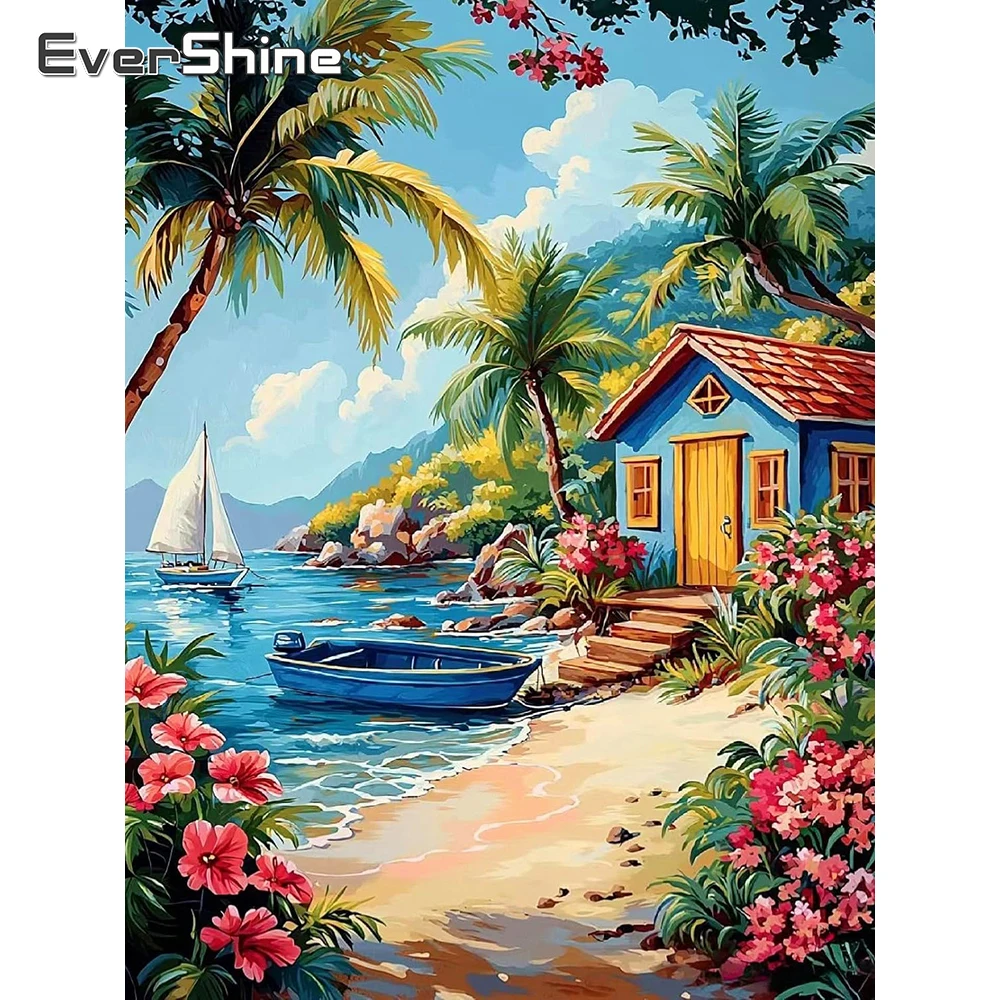Evershine Bedrucktes Kreuzstich-Set, Landschaft, Handarbeit, Stickerei, Meer, Stoff, Leinwand, Bild, Haus, Heimdekoration