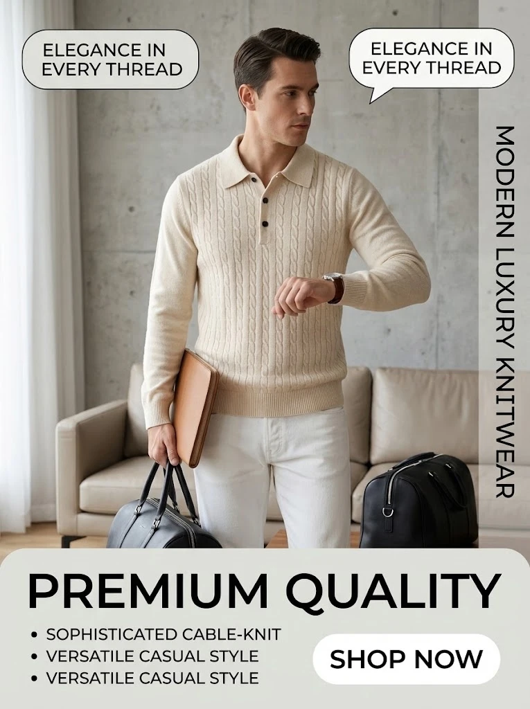 Neue Kabelstrick-Polopullover für Herren, Langarm, lässig, mit Knopfleiste, Vintage-Pulloverhemd, schmal geschnitten, gerippt, Winter-Reversoberteil – Detail 1