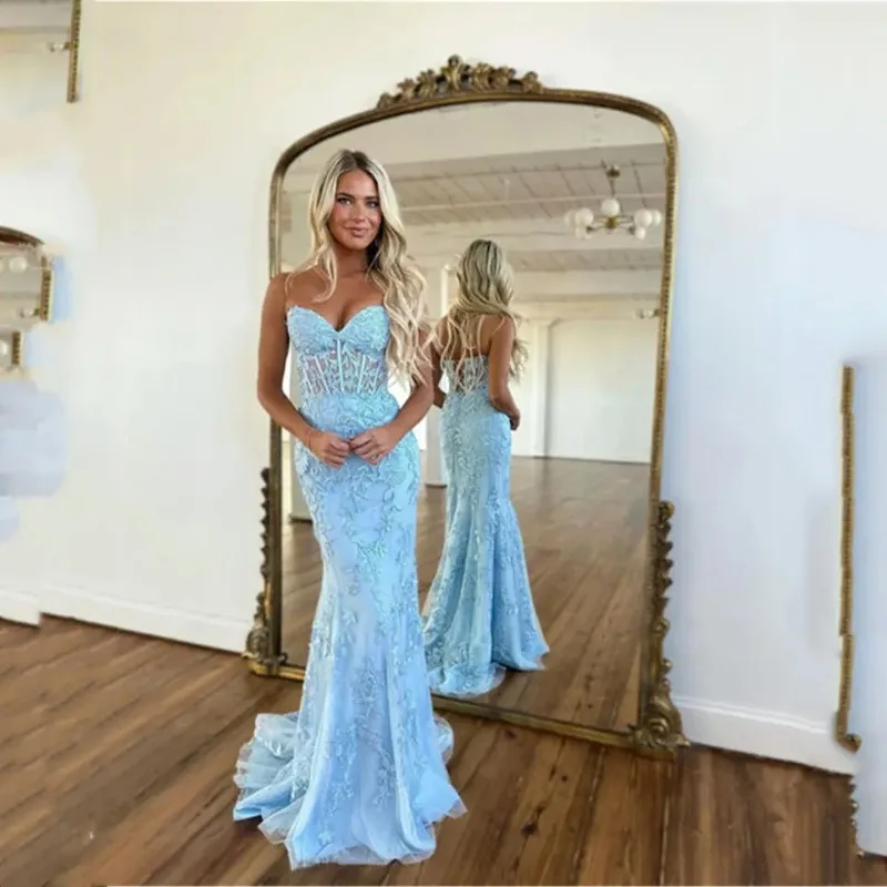 

Manmuxi Luxurious Women's Evening Dresses for Special Occasions Blue Customized Elegant Party Dresses 2025 Lace Sleeveles Dress