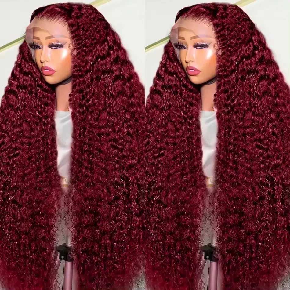 Brazilian 28 30 inch 99J Burgundy 13x4 Curly Lace Frontal Wigs Transparent Full Lace Front Human Hair Deep Wave 220% For Women