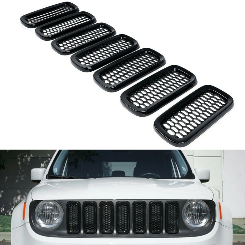 7Pcs Bright Black Front Grille Inserts Sticky Grill Cover Frame Trims Kit For Jeep Renegade 2015-2018