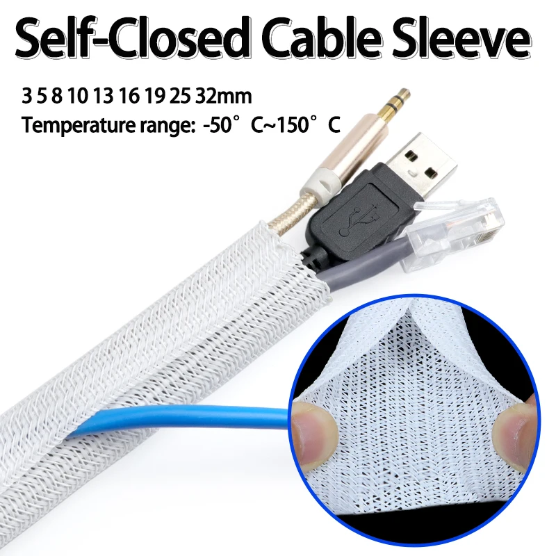 Capa de Cabo Trançada PET Branca 3/5/10m, Organizador de Fios de 3mm a 32mm, Proteção de Bainha Auto-fechável, Isolamento Resistente ao Desgaste