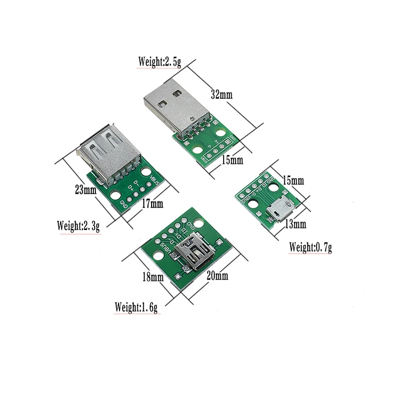 5pcs Micro Mini USB USB A Male USB 2.0 3.0 A Female USB B Connector Interface to 2.54mm DIP PCB Converter Adapter Breakout Board