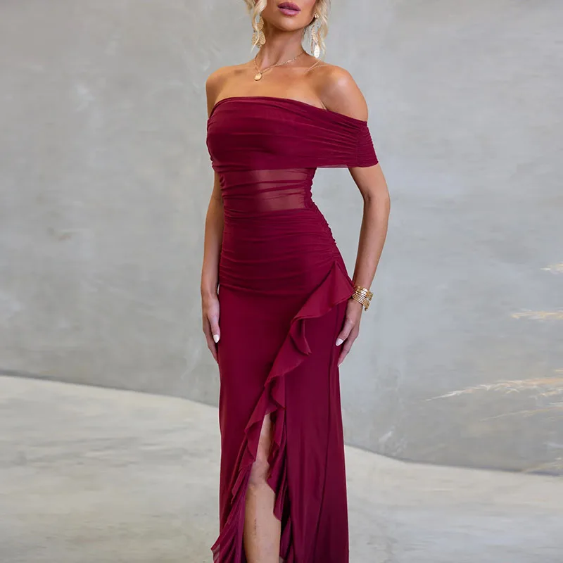 Vestido de fiesta con espalda descubierta y agujeros para mujer, vestido elegante de Color sólido con volantes y abertura, vestidos de dama de honor ajustados de malla de verano