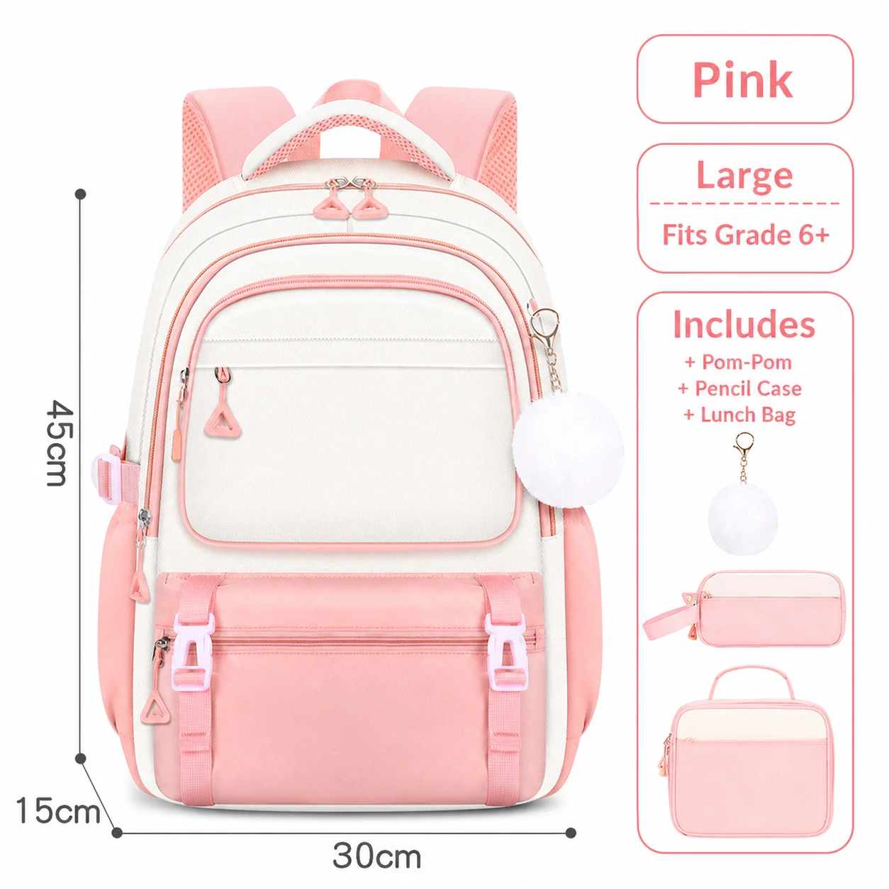 3PC/SET Colorblock Backpack Cute Pastel Pink School Bookbag Lightweight Nylon Large Capacity Rucksack Pack Girls Pom Pom Satchel