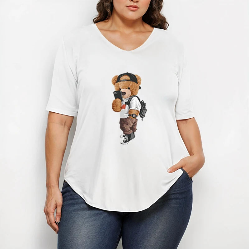 

【Футболка больших размеров】 (40-150 кг), женская летняя футболка с короткими рукавами больших размеров, футболка с принтом медведя, свободные топы, cas