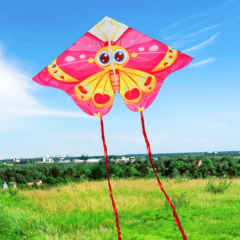 Cometa triangular de mariposa de dibujos animados para niños, cometa de Animal de cola larga colorida con línea de cometa, juego de deportes al aire libre, Juguetes