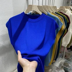 Women's T-shirt Summer O Neck Knitted Fashion Woman Blouse 2024 Short Sleeve Tees Solid Color Ice Silk Oversized T-shirt Women