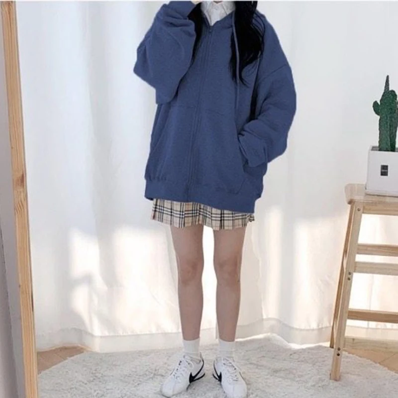 Women Harajuku Zip Up Hoodie Vintage Long Sleeve Oversized Solid Color Hoodies Autumn Korean Style Pocket Drawstring Sweatshirt