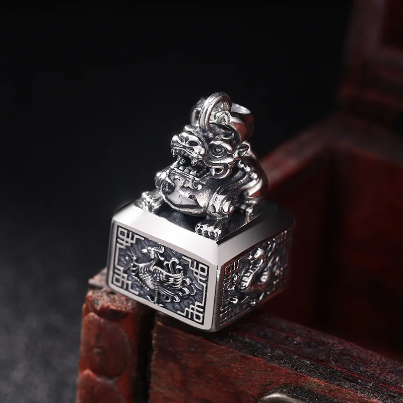 S925 Sterling Silver Seal Pendant Black Color Old Process Unisex Pixiu Animals Fine Jewelry FYNE391