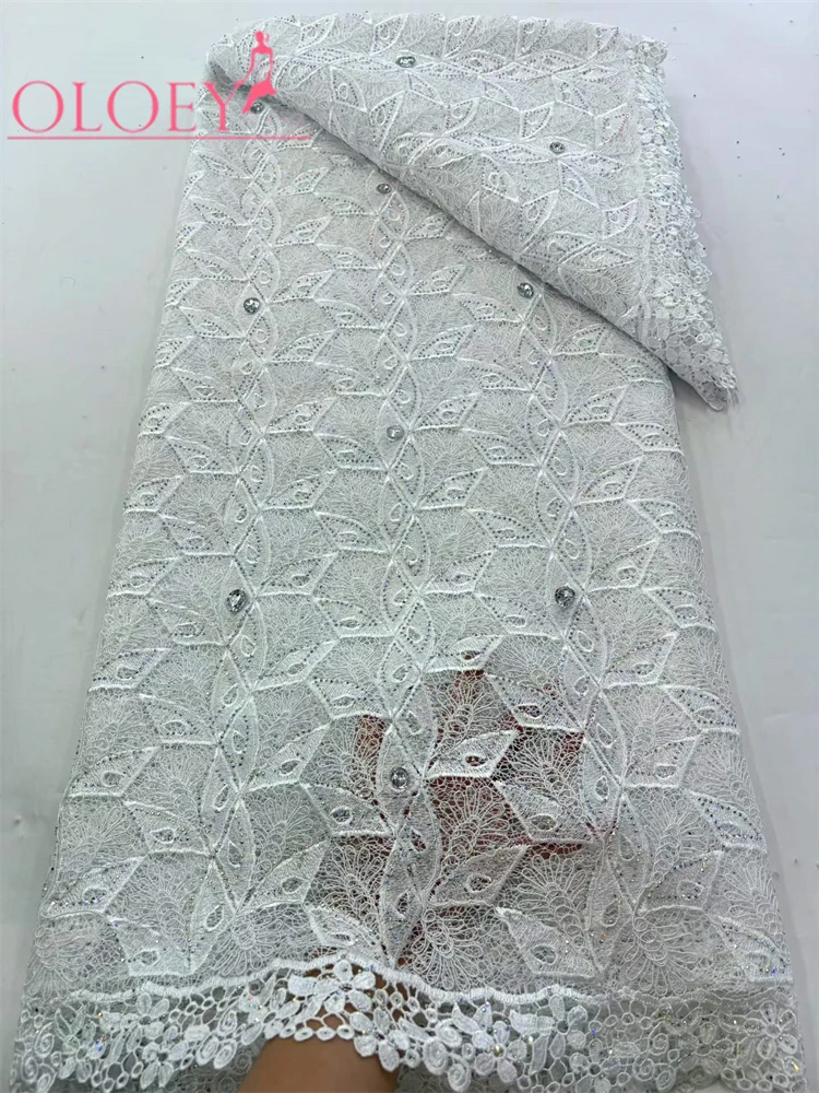OLOEY New fashion African Lace Fabric Cotton Embroidery Rhinestone Linen Prom Dresses Tulle Design 5 Yards