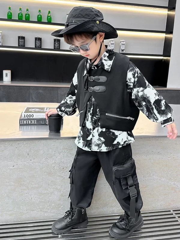 

Spring Autumn Children's Clothing Set Boys' Faionable Workwear Vest Tee-piece Set Long Sve Cotton Blend Casual Sportswear