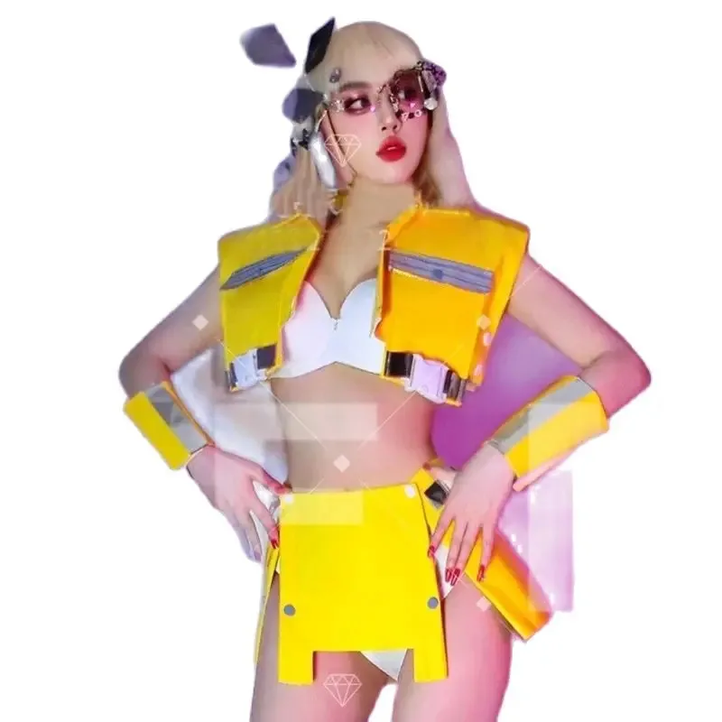 Bar Nightclub Ds Dj Party Festival Outfit Sexy Gogo Dancer Costumes Yellow Leather Pole Dance Clothing Stage Rave Wear XS8329
