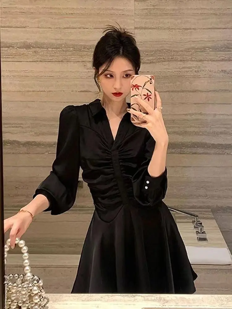 Korejpaa French Elegant Shirt Dresses Women 2024 Early Autumn Turn-down Collar Slim Waist Mini Dress Fashion Gentle Vestidos