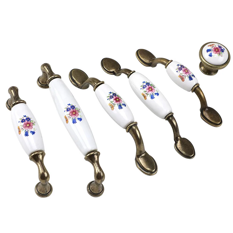 Retro Rural Ceramic Pattern Kitchen Drawer Handles Antique Furniture Cabinet Knob Wardrobe Dresser Shoe Cabinets Door Pulls