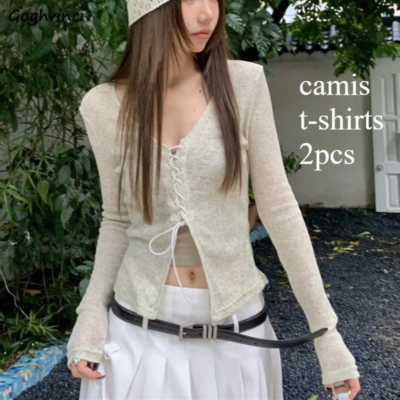 

Женские комплекты, трикотажная дизайнерская футболка на шнуровке с длинным рукавом, кофта из двух предметов, универсальная корейская модная популярная приталенная весенняя одежда Y2k