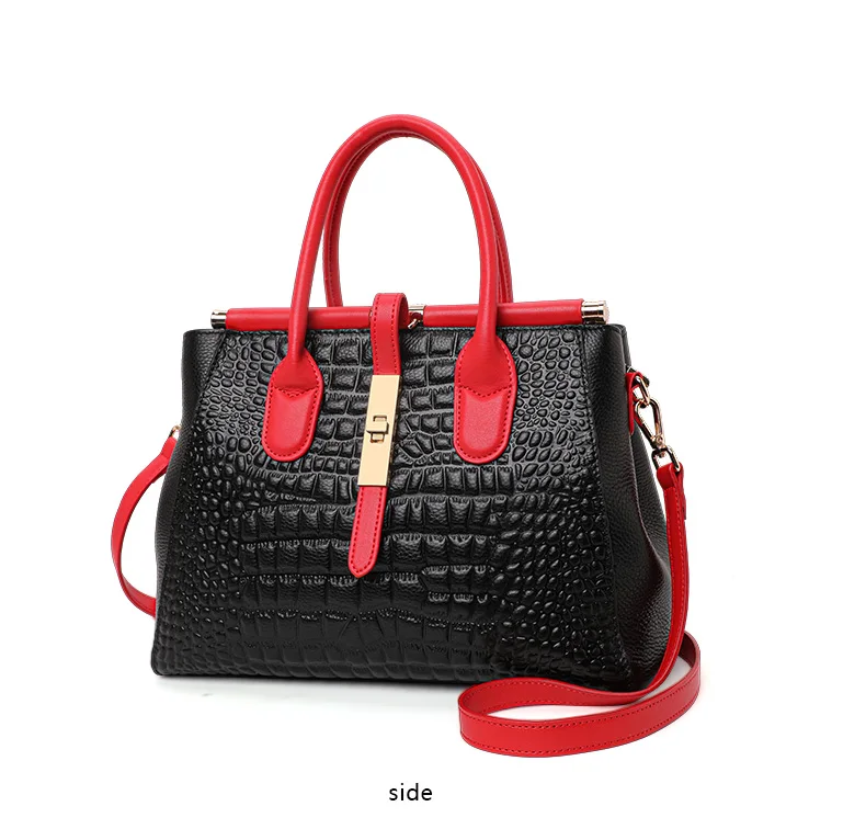 Neue Tragetasche aus Rindsleder mit Kroko-Prägung für Damen, farblich passende Handtasche, abnehmbarer Riemen, Umhängetasche für Pendler – Detail 9