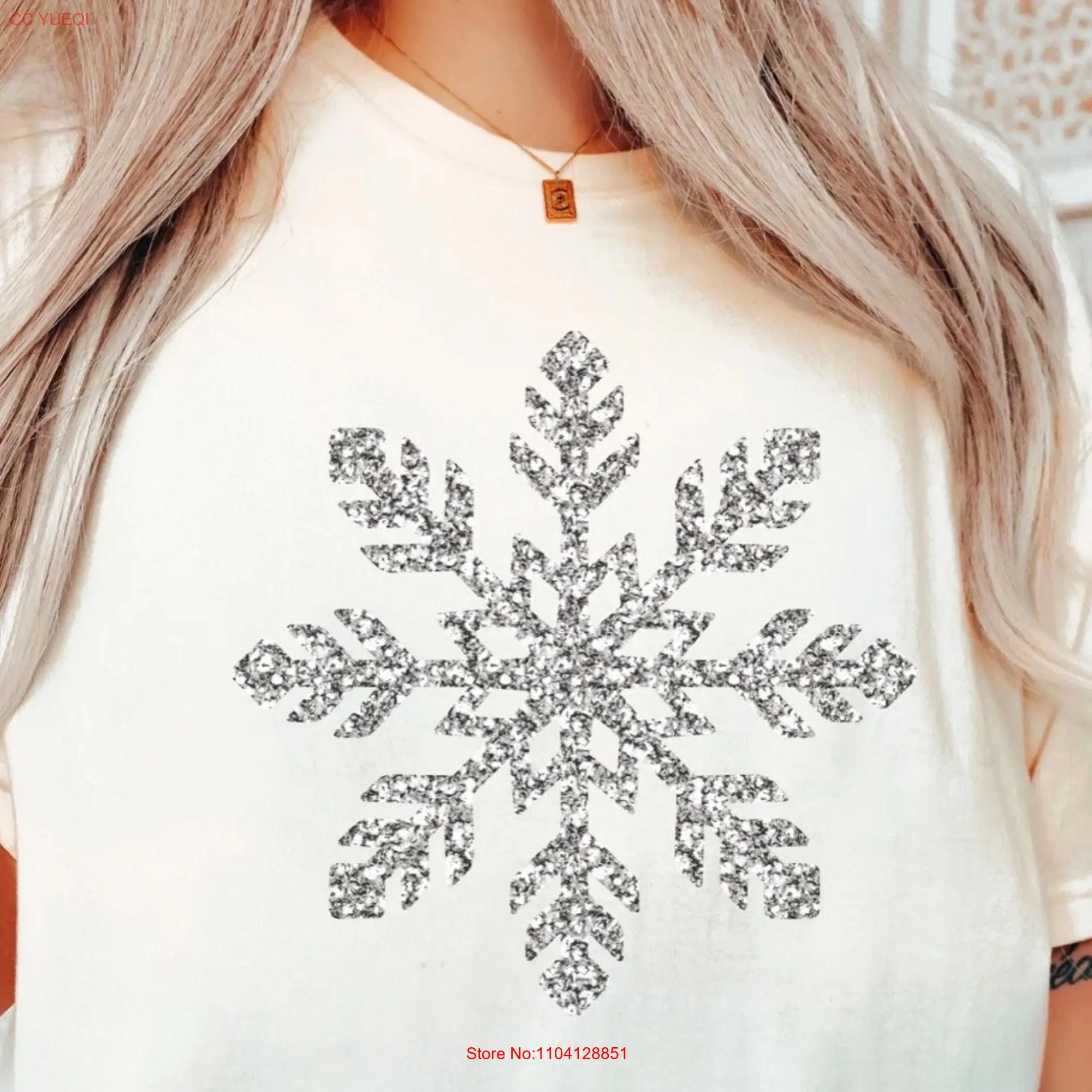 Camiseta de copos de nieve de colores cómodos para mujer, Top de purpurina plateada de imitación de Navidad, vacaciones de nieve de invierno, gran tamaño