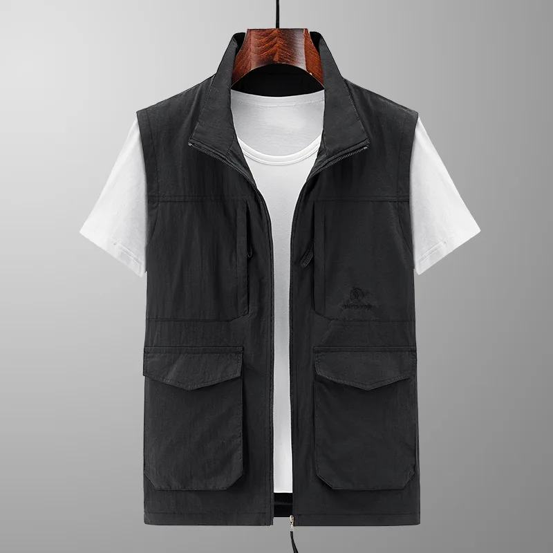 

New Big Pocket Stand-up Collar Vest Large Size Loose Outdoor Casual Versatile Sleeveless Vest Men
