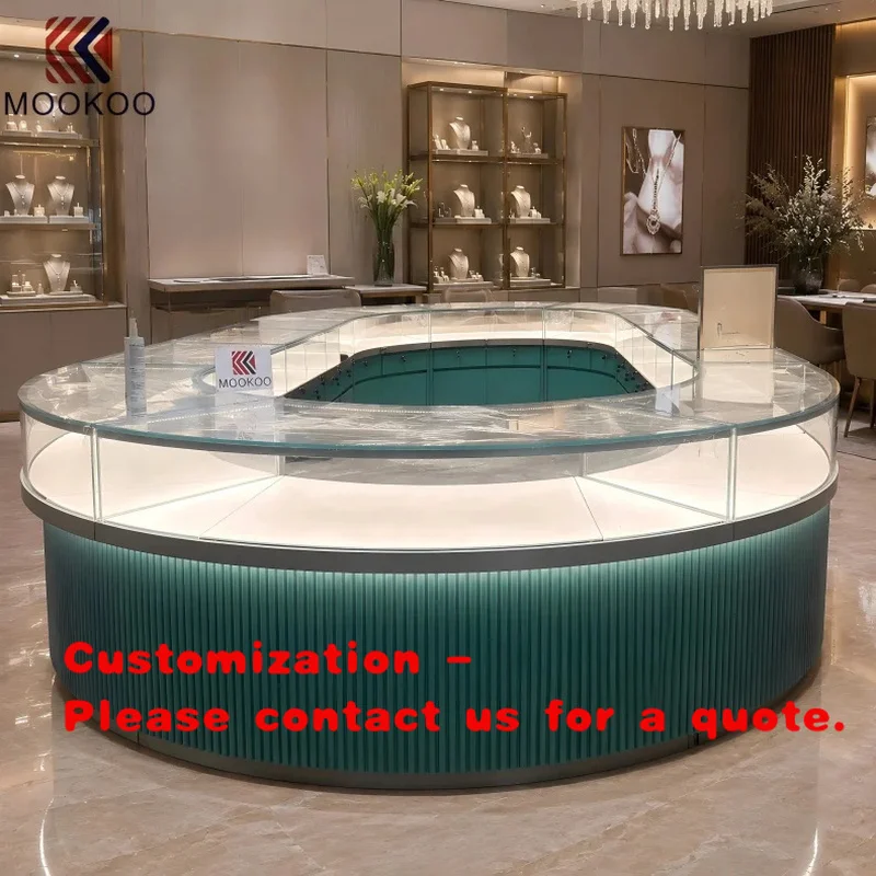 custom.U-Shape Fluted Green Base Frameless Glass Jewelry Display Island with LED Lighting Lockable Drawers Luxury Jewelry St