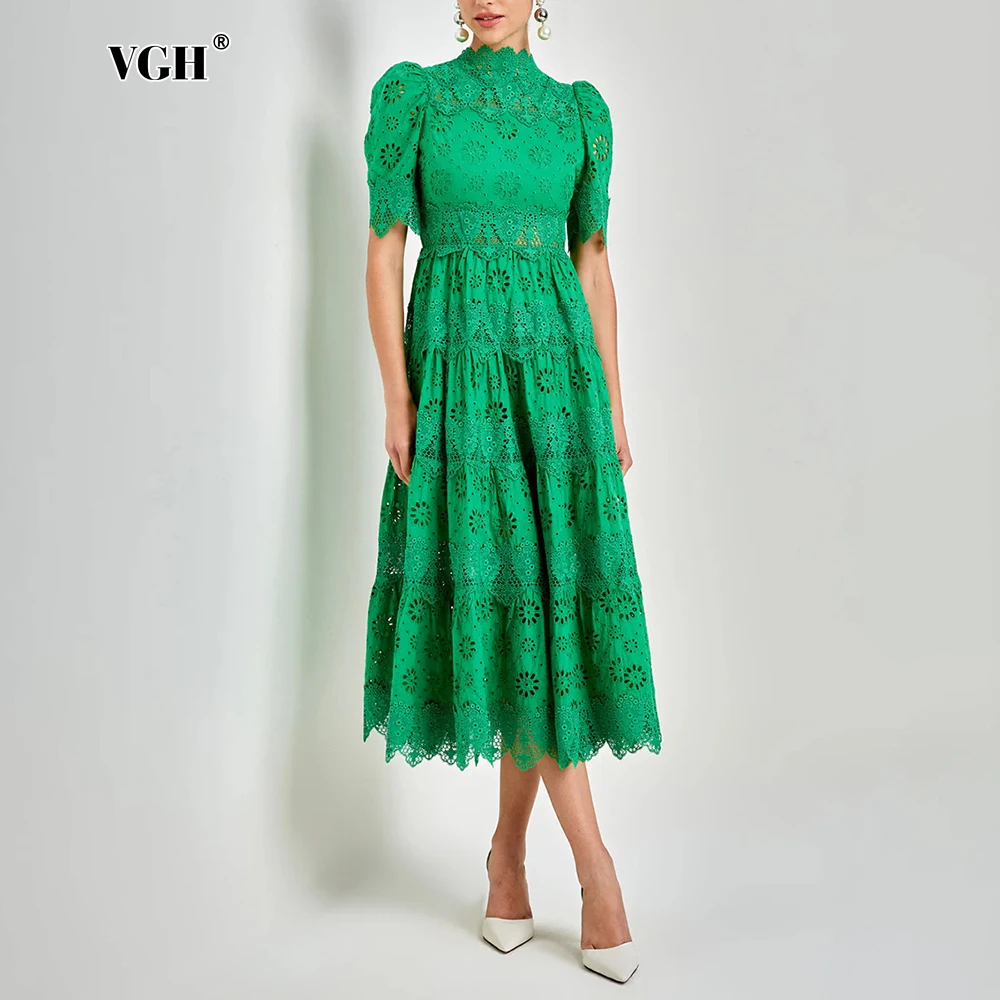 

VGH Hollow Out Lace Retro Slimming Dresses for Women Stand Collar Short Sleeve High Waist Elegant Dress Female Fashion Style New