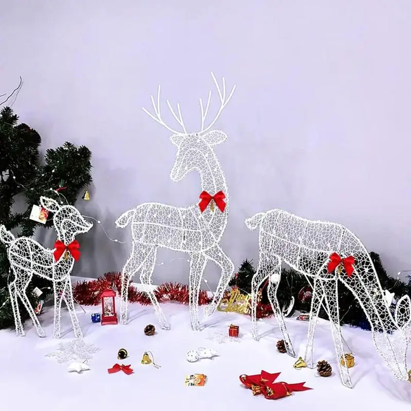 3PCS Handmade Iron Artelk Deer Christmas Garden Decor &LED Light Glowing Glitter Reindeer Xmas Home Outdoor Yard Decor