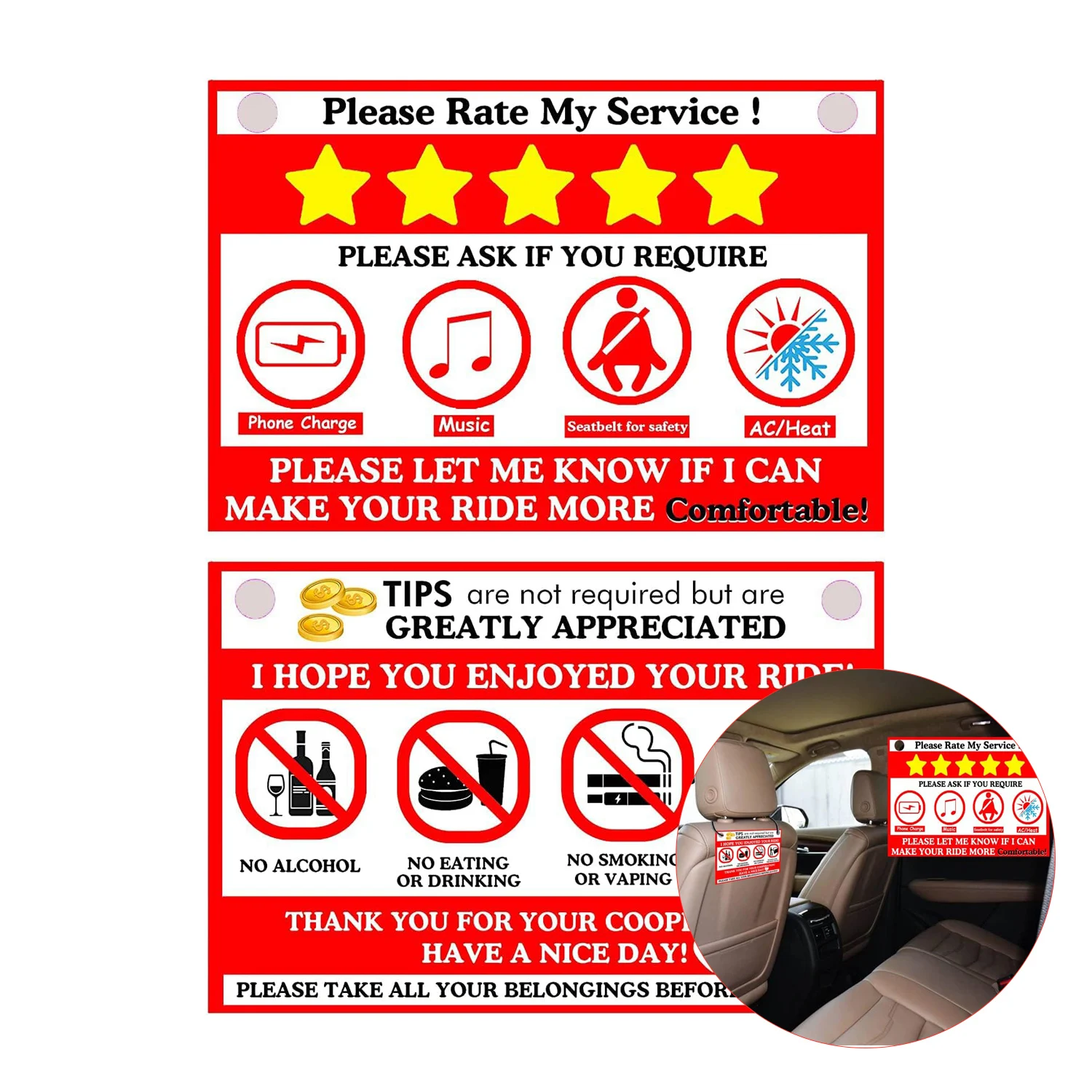 

4*6inch Driver Rating Appreciated Signs Accessories Rider-Share Sign Tip,No Smoking Sign Set of 3 Signs for Drive use 4pcs