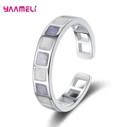 925 Sterling Silver Jewelry Women Opening Adjustable Ring Glitter Square Wide Band New Fashion Female Accessories