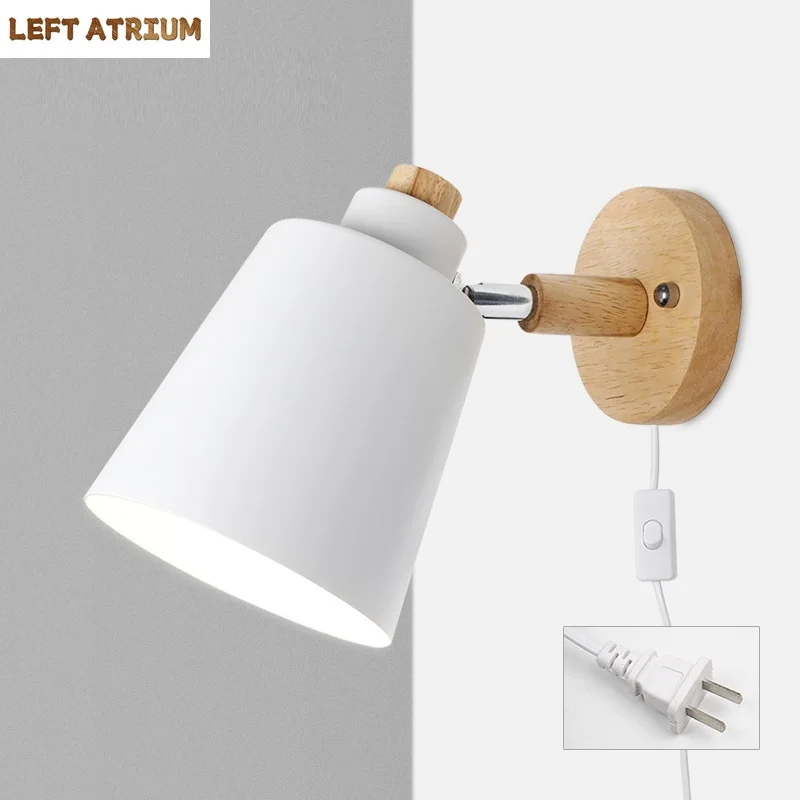 

Скандинавские внутренние настенные светильники для декора гостиной, железный деревянный поворотный светильник с выключателем, прикроватный настенный светильник, вращающийся светодиодный домашний светильник