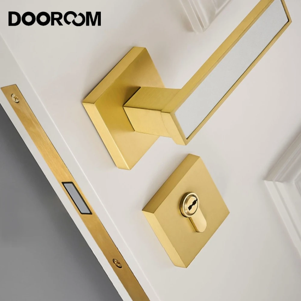 DOOROOM New Solid Brass Door Handle Locks Silent Magnetic Lock Body Optional Lock Matte Gold Door Lock Simplicity Hardware