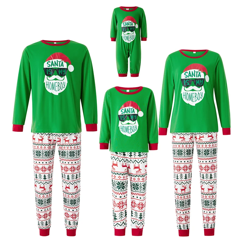 

Christmas Family Matching Pajama Set Santa Claus Letter Print O-Neck Long Sleeve Tops Floral Long Pants for Kids and Adults