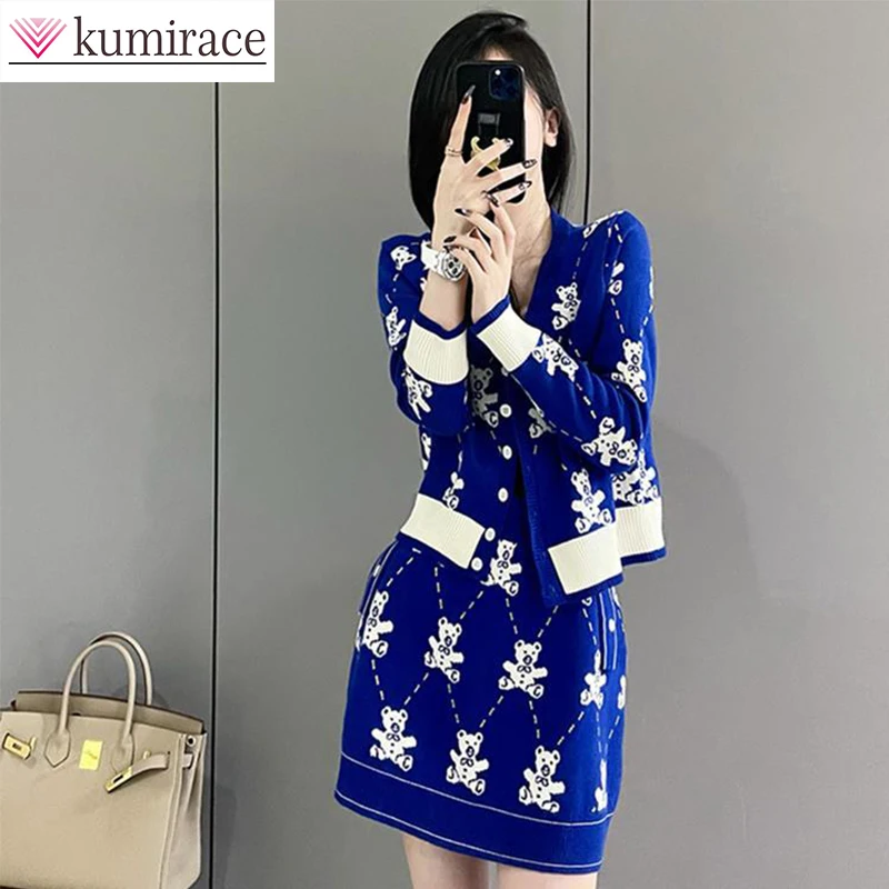 

Casual Temperament Suit Skirt 2023 Early Spring New Knitted Blouse Fashion Bag Hip Skirt Knitted Two-piece Set Skirt Sets