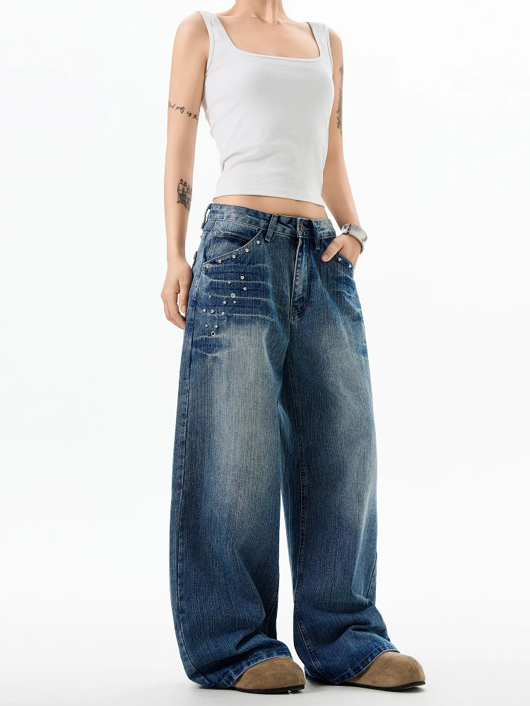 StreetStudio American Retro Waed Rivet Design Straight Loose Casual Jeans High Waist Straight Leg Jeans for Young Women