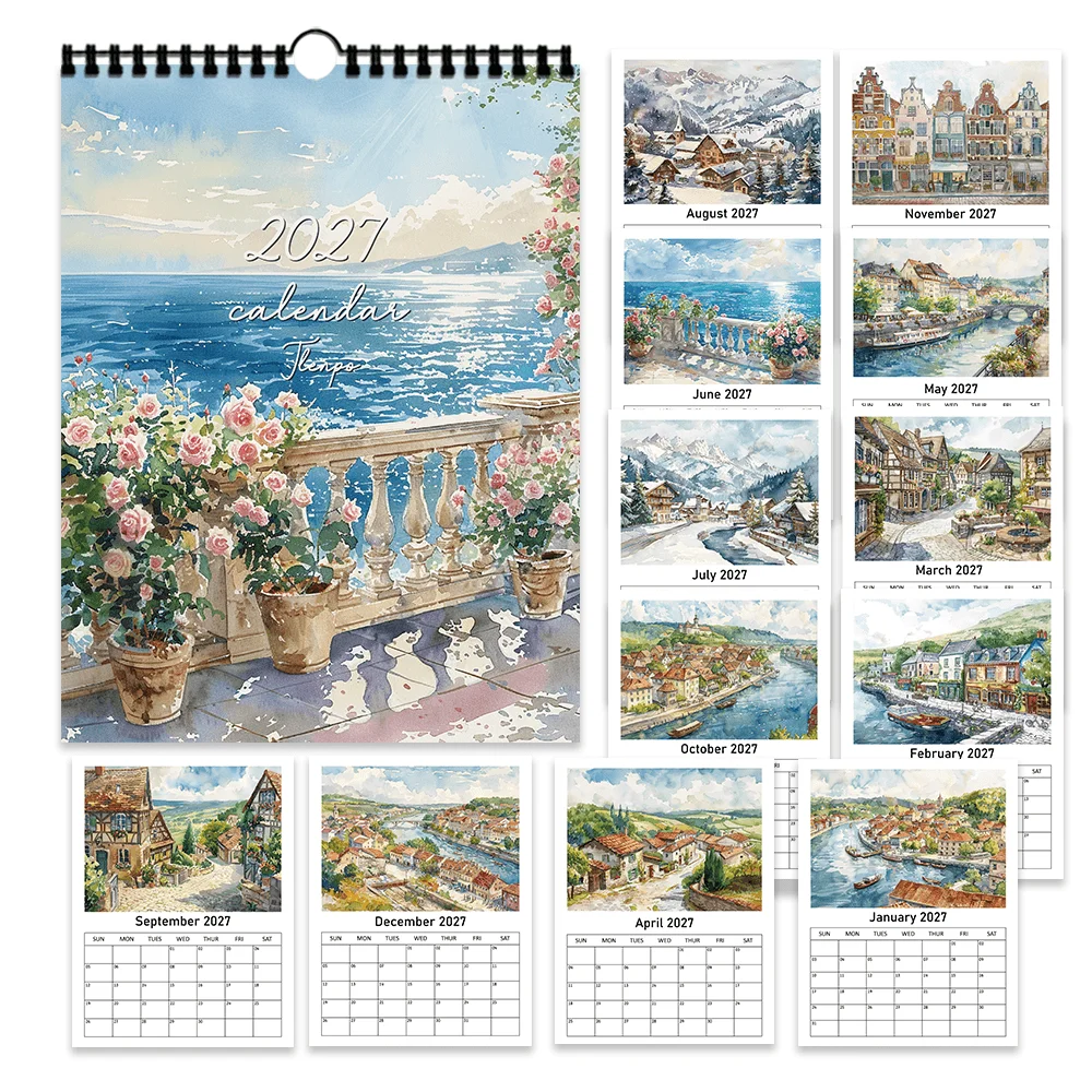 1 unidad, calendario de pared 2027, diseño artístico con motivos de terraza junto al mar, planificador de 12 meses para la decoración del hogar o la oficina, regalo de Navidad y Año Nuevo con pegatinas.