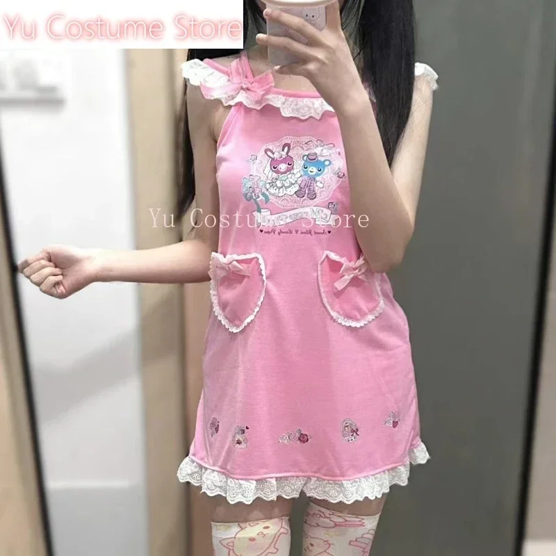 

2025 Sweet Lolita Style Dress Women Bow Rabbit Bear Print Kawaii Party Mini Dresses Female Korean Fashion Princess Dress Summer