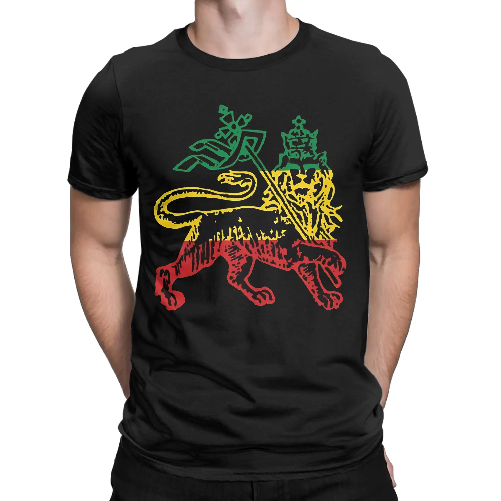Leisure Lion of Judah Flag Rasta Reggae Haile Selassie T-Shirts for Men Cotton T Shirts Short Sleeve Tees Plus Size Clothes