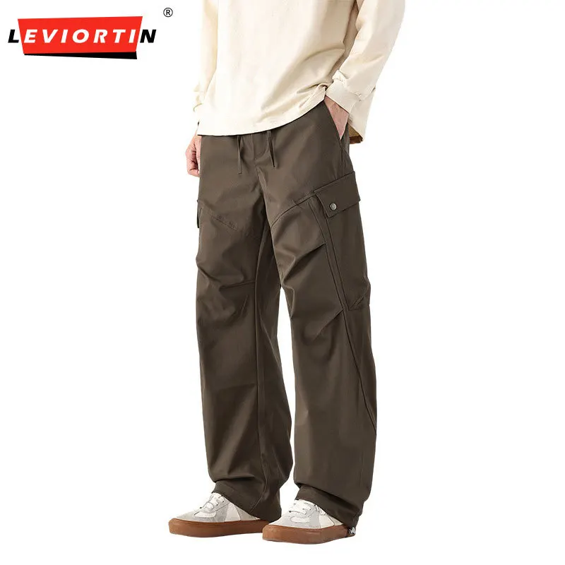 Men's American Parachute Cargo Pants, Loose Straight Leg Multi-Pocket Casual Drawstring Outdoor Workwear Trousers