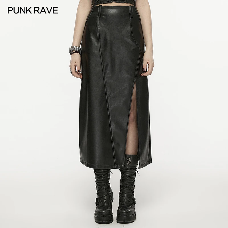 PUNK RAVE Women's Punk A-line High Waist Split Faux Leather Skirt  Daily Fashion Concise Female Black Asymmetrical Long 