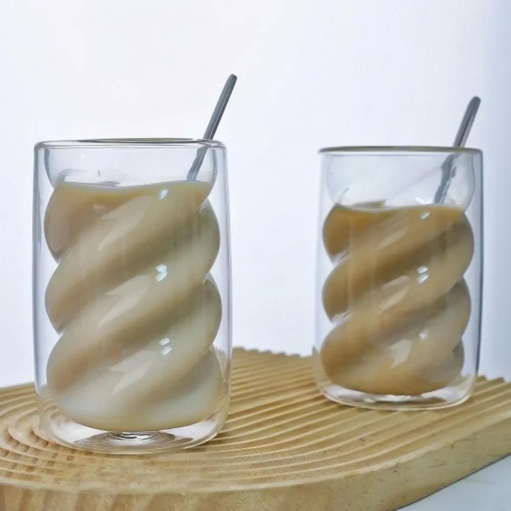 Modern Transparent Double-Walled Coffee Cup Twist Design Wave Shape Glass Cup Unique Juice Cup Office