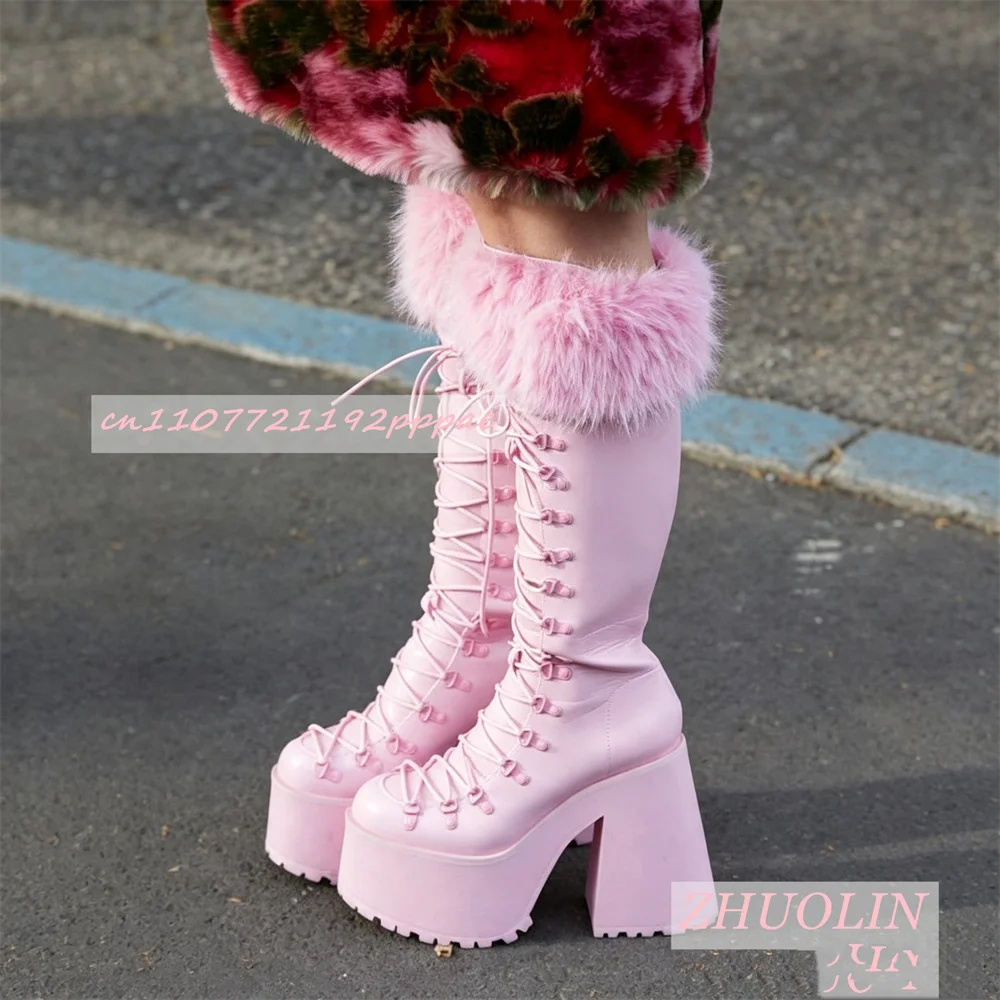 Women Platform Boots Knee High Lace Up High Heel Shoes Pink Faux Fur Trim Chunky Heel Winter Fashion Casual Party Boots Ladies