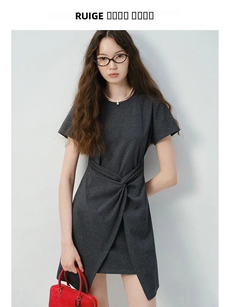 라운드넥 타이 웨이스트 숏 드레스 슬리밍 A라인 스커트 플러스 사이즈 여성 여름 출퇴근 스타일 하이웨이스트 반팔 드레스