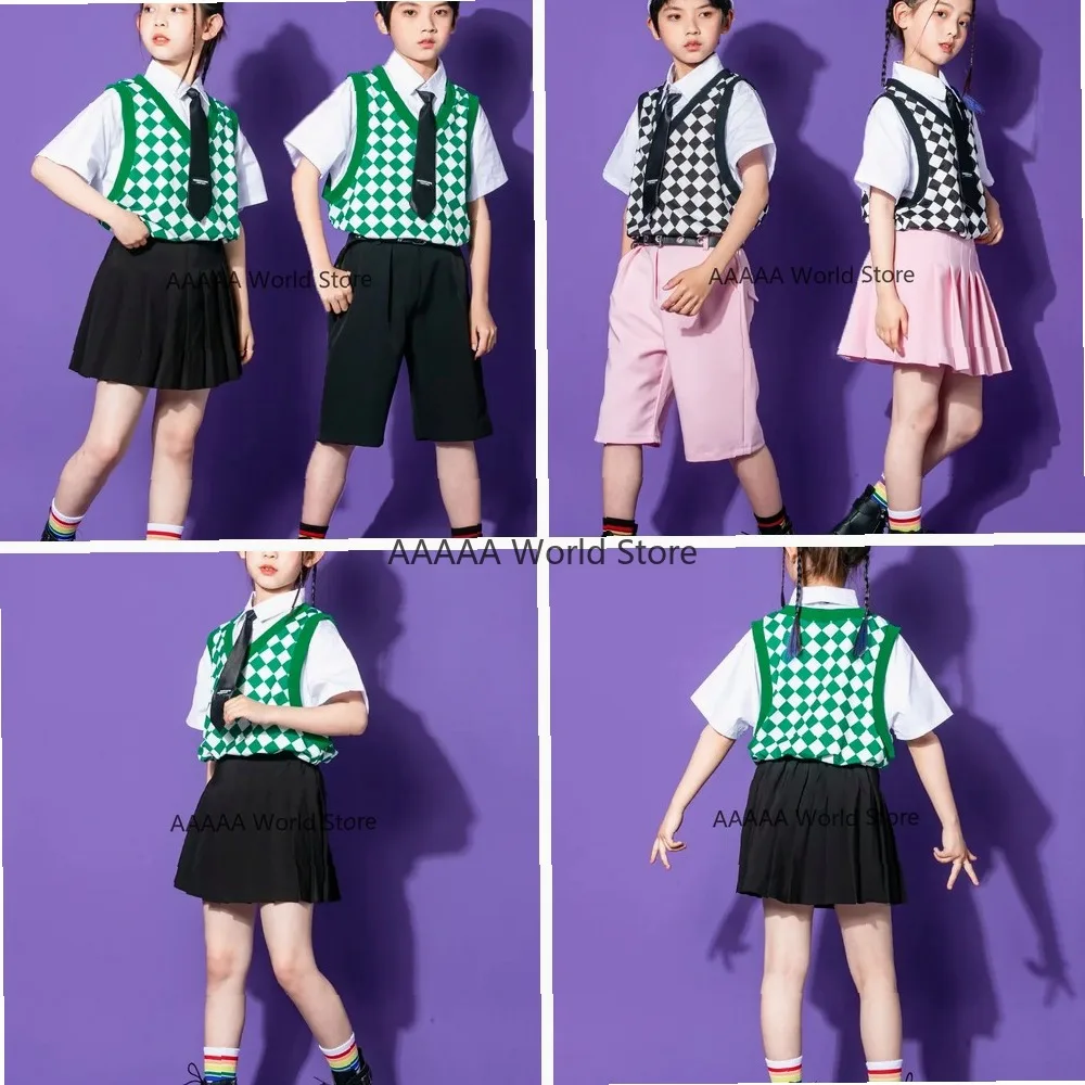 

Cosplay Hip Hop Dance Costume Set Plaid Vest Solid T Shirt Shorts Kids Streetwear School Clothes