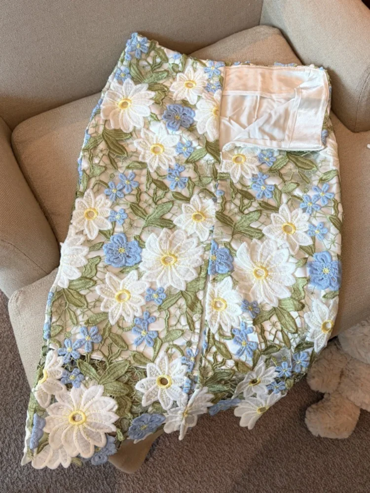 

White Flower Embroidery Hollow Design A-Line Skirt High Waist Lace Wrap Women Summer Lace High Waist A-Line Skirt