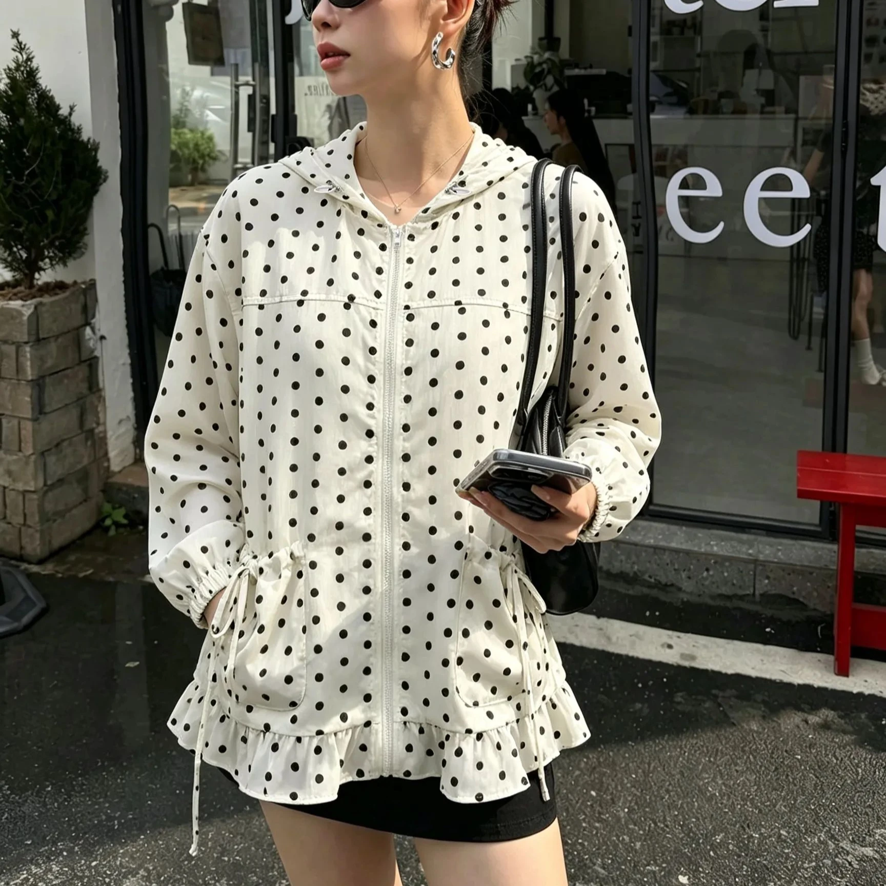 Women Linen Blend Hooded Zip Up Polka Dot Jacket Ruffle Hem Drawstring Pocket Lightweight Casual Coat