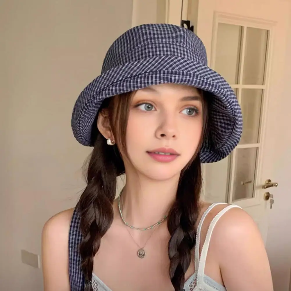 Uv Protection Wide Brim Cap Plaid Fisherman Hat for Women Wide Brim Uv Protection Sun Cap Adjustable Back Bow Beach Hat Foldable