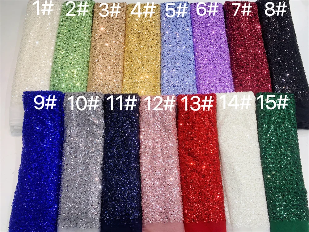 African Heavy Beaded Lace French Fabric 2024 High Quality 5 Yards Nigerian Sequins Groom Fabric Material For Wedding Party Dress