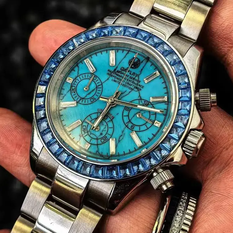 OKPLAY Men Chronograph Watch 39.5mm Quartz Wristwatch Sapphire Mirror Luminous 10Bar Waterproof Turquoise Dial VK63