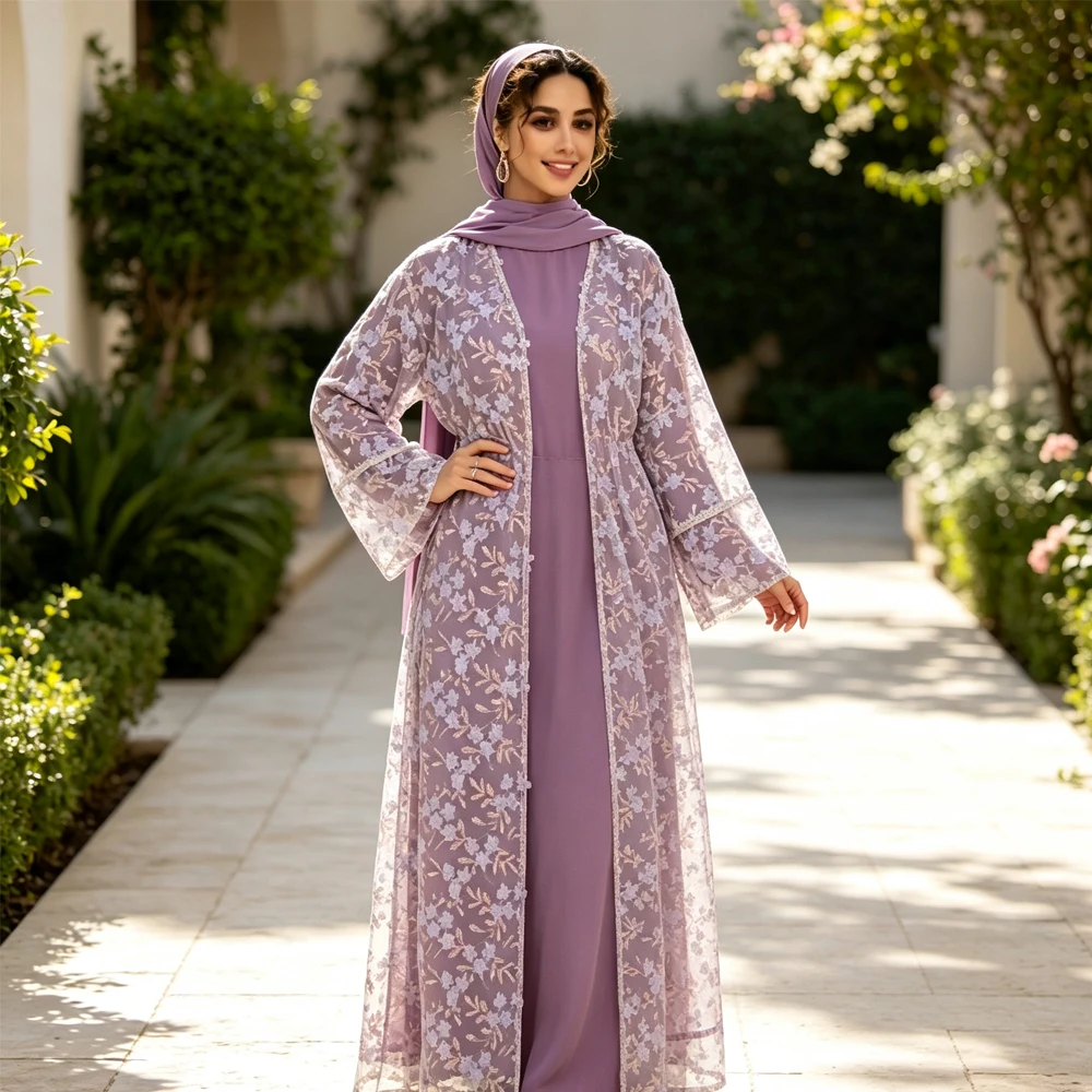 Ramadan Muslim Women Flower Open Abaya Cardigan Inner Dress w/Scarf Islamic Turkey Kaftan Dubai Party Evening Caftan Dubai
