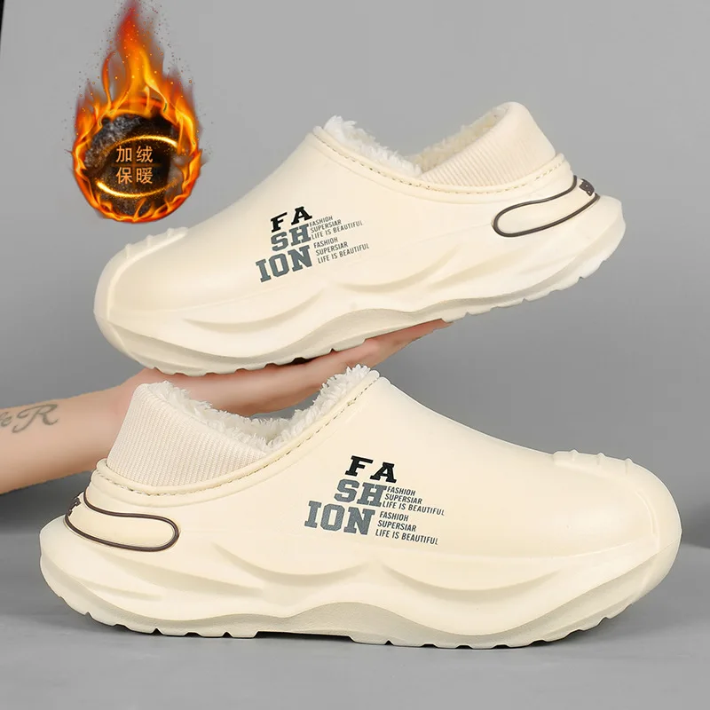 أحذية رجالية قطنية موضة شتاء 2025 نصف سحب مع حذاء ثلج مخملي سميك ونعل ناعم مقاوم للماء والبرد